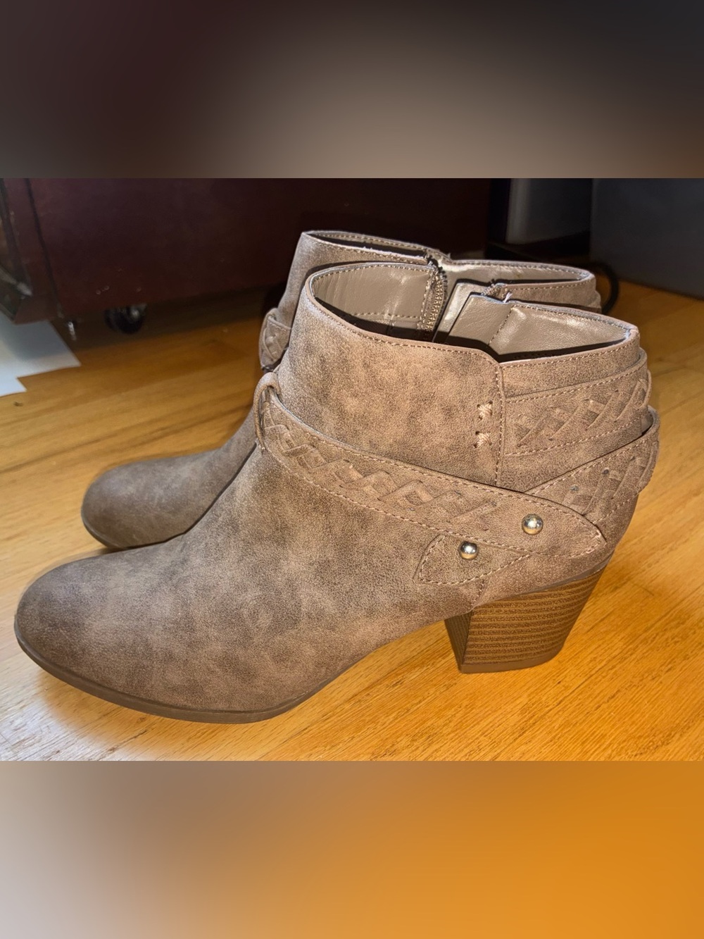 Indigo Taupe Ankle Booties with Braided Strap and Block Heel
